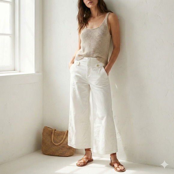 Anthropologie Pants - Anthropologie Maeve Wide Leg Cropped Pants Womens 31 White Belted Bohemian